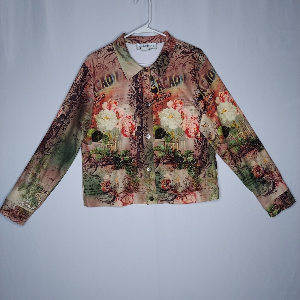 Parisline Trucker Jacket Women L Artsy Brown Snap Collar‎ Romantic Grunge Fairy